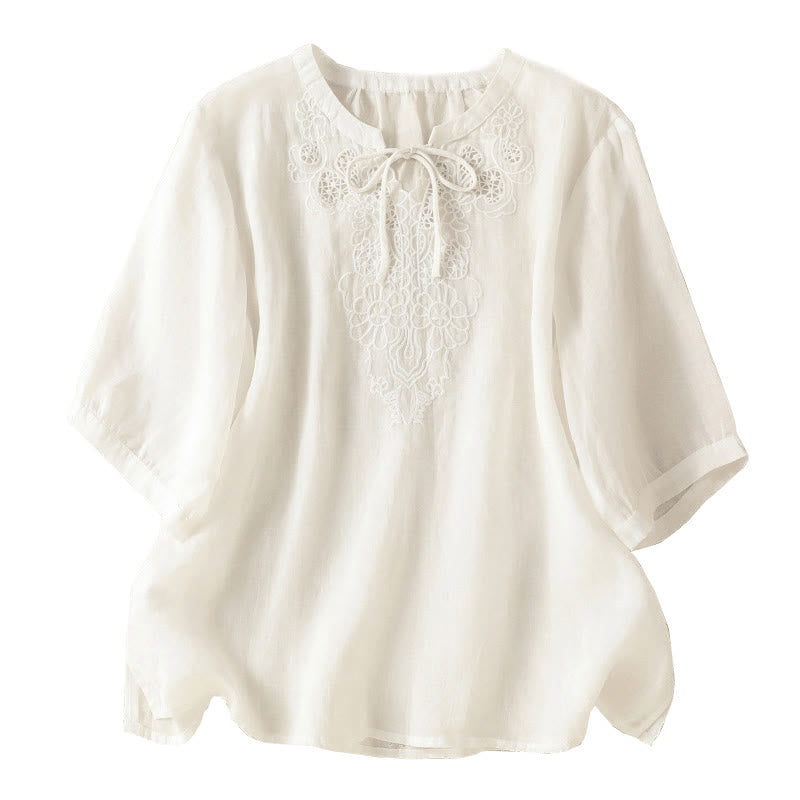 Buddha Stones Chemise à manches courtes pour femme, ornée de broderies florales d'été, à lacets et col cranté - image 15