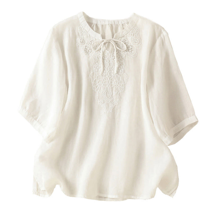 Buddha Stones Chemise à manches courtes pour femme, ornée de broderies florales d'été, à lacets et col cranté - image 15