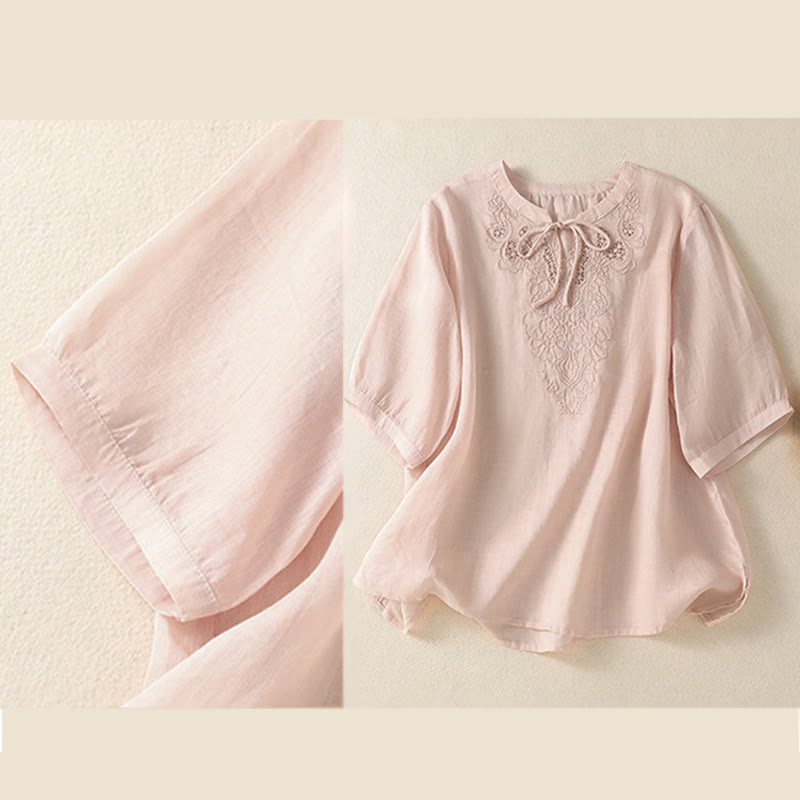 Buddha Stones Chemise à manches courtes pour femme, ornée de broderies florales d'été, à lacets et col cranté - image 23
