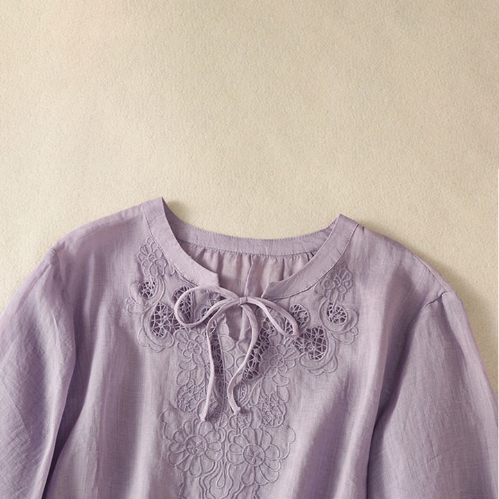 Buddha Stones Chemise à manches courtes pour femme, ornée de broderies florales d'été, à lacets et col cranté - image 2