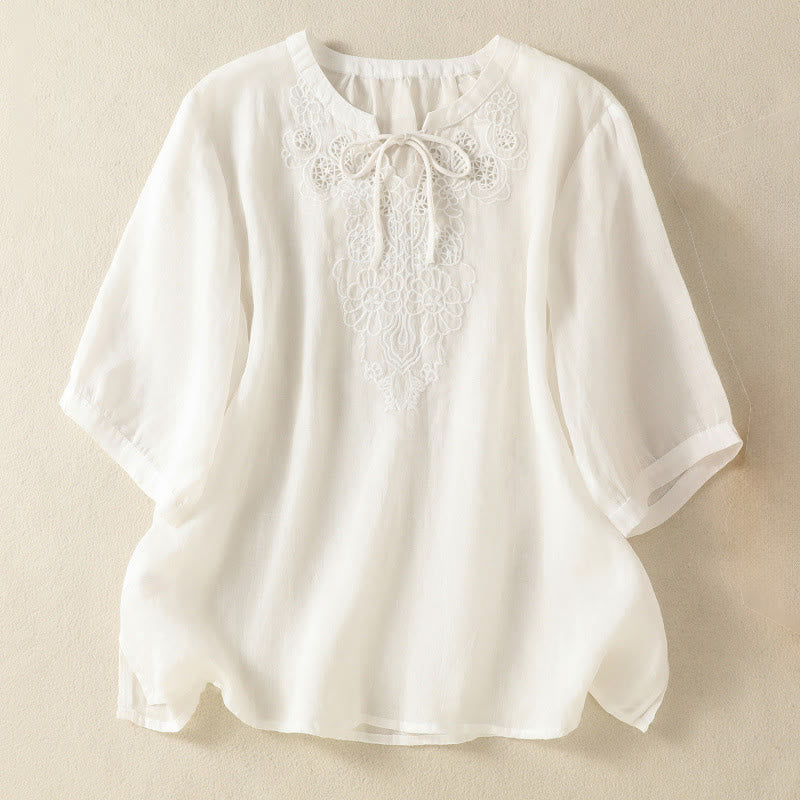 Buddha Stones Chemise à manches courtes pour femme, ornée de broderies florales d'été, à lacets et col cranté - Blanc - US8-10，UK/AU12-14，EU40-42 (2XL) - image 10