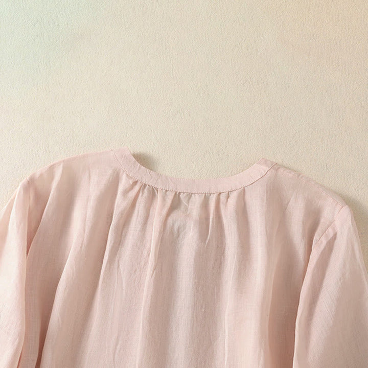 Buddha Stones Chemise à manches courtes pour femme, ornée de broderies florales d'été, à lacets et col cranté - image 19