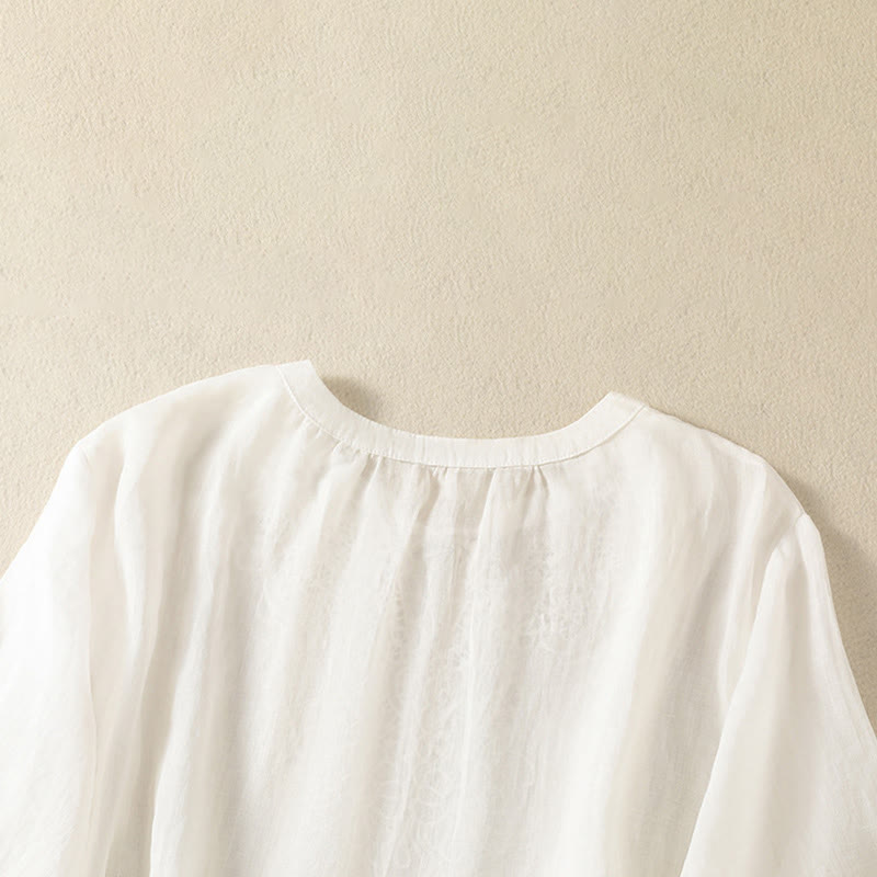 Buddha Stones Chemise à manches courtes pour femme, ornée de broderies florales d'été, à lacets et col cranté - image 13