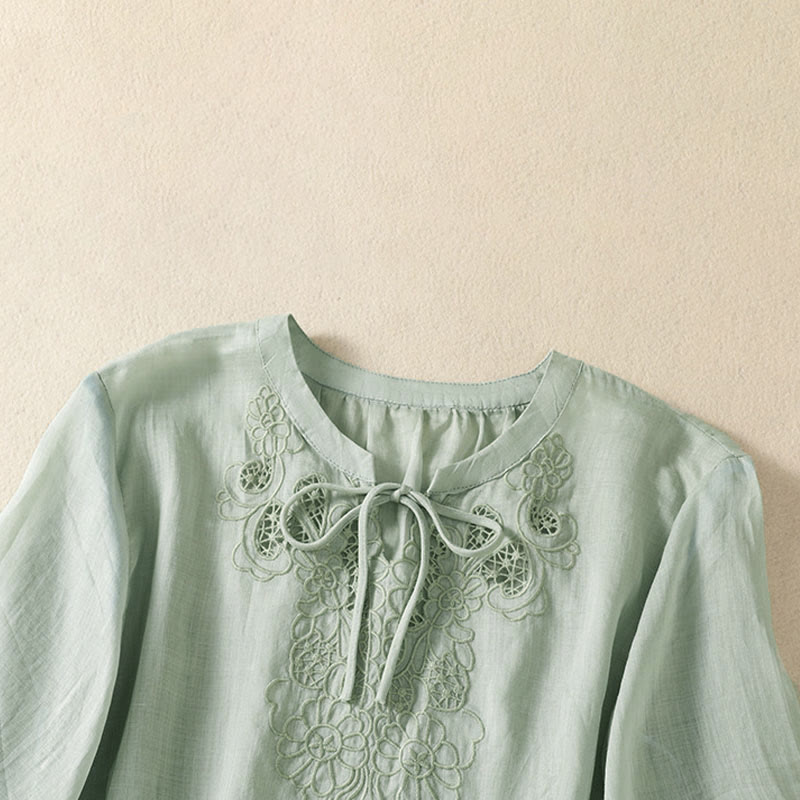 Buddha Stones Chemise à manches courtes pour femme, ornée de broderies florales d'été, à lacets et col cranté - image 8