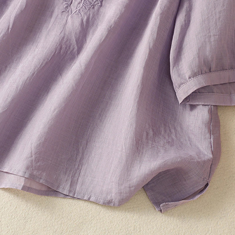 Buddha Stones Chemise à manches courtes pour femme, ornée de broderies florales d'été, à lacets et col cranté - image 4