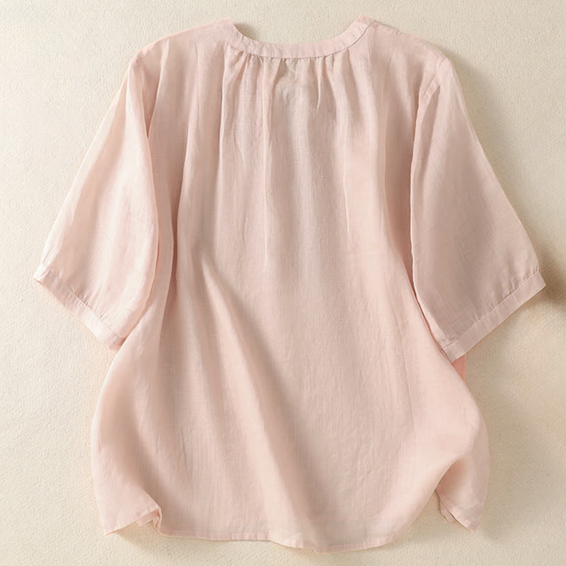 Buddha Stones Chemise à manches courtes pour femme, ornée de broderies florales d'été, à lacets et col cranté - image 17