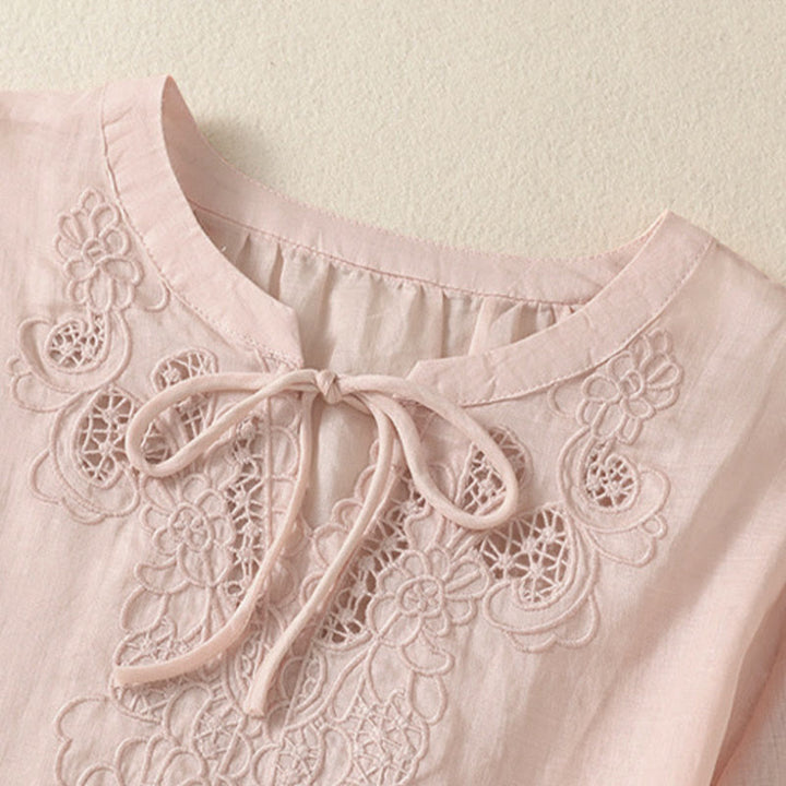 Buddha Stones Chemise à manches courtes pour femme, ornée de broderies florales d'été, à lacets et col cranté - image 18