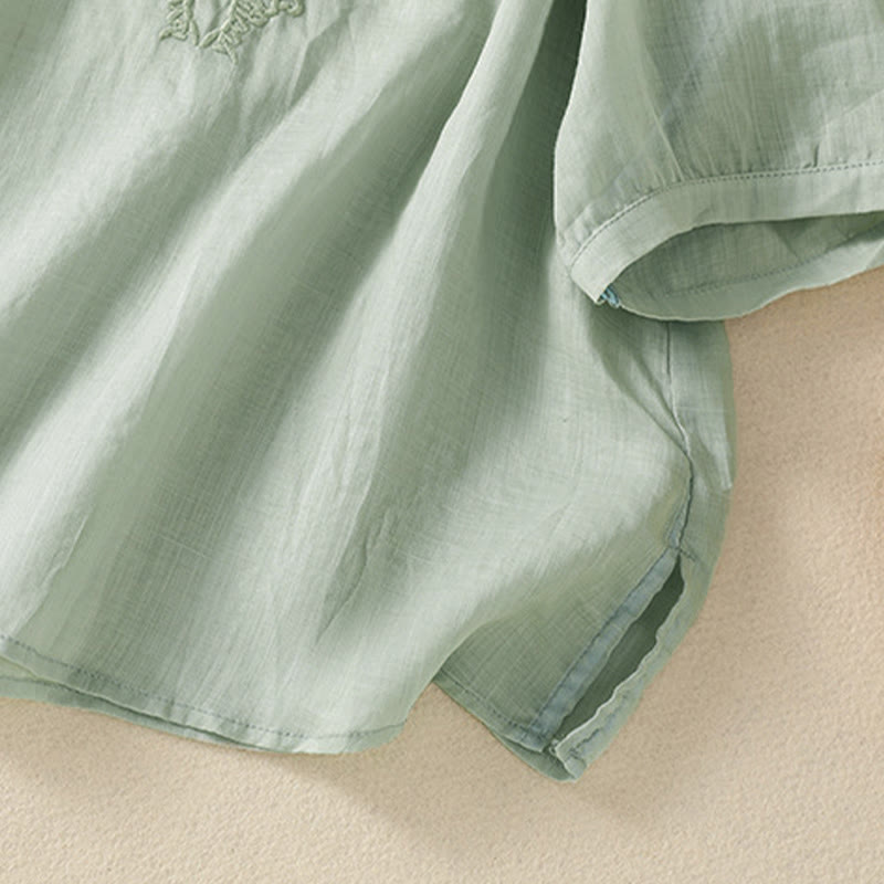 Buddha Stones Chemise à manches courtes pour femme, ornée de broderies florales d'été, à lacets et col cranté - image 9