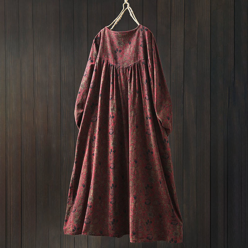 Buddha Stones Robe longue en coton à manches longues et imprimé floral rétro, coupe trapèze - image 3