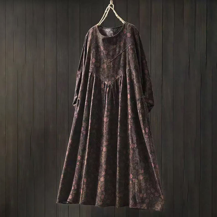 Buddha Stones Robe longue en coton à manches longues et imprimé floral rétro, coupe trapèze - SaddleBrown - US4-8/10，UK/AU8-12/14，EU36-40/42 (F) - image 13