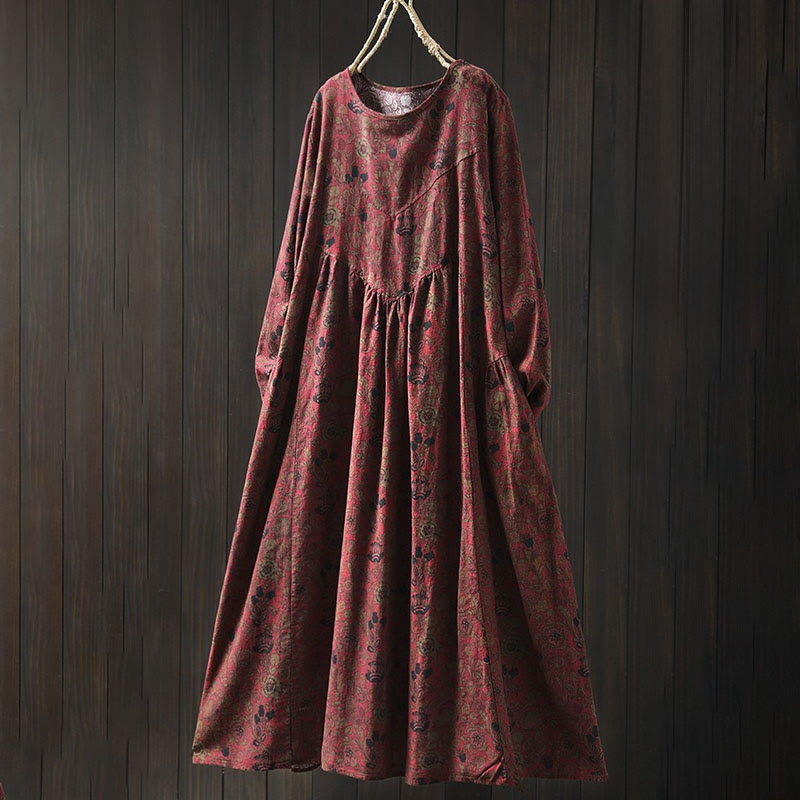 Buddha Stones Robe longue en coton à manches longues et imprimé floral rétro, coupe trapèze - FireBrick - US4-8/10，UK/AU8-12/14，EU36-40/42 (F) - image 2