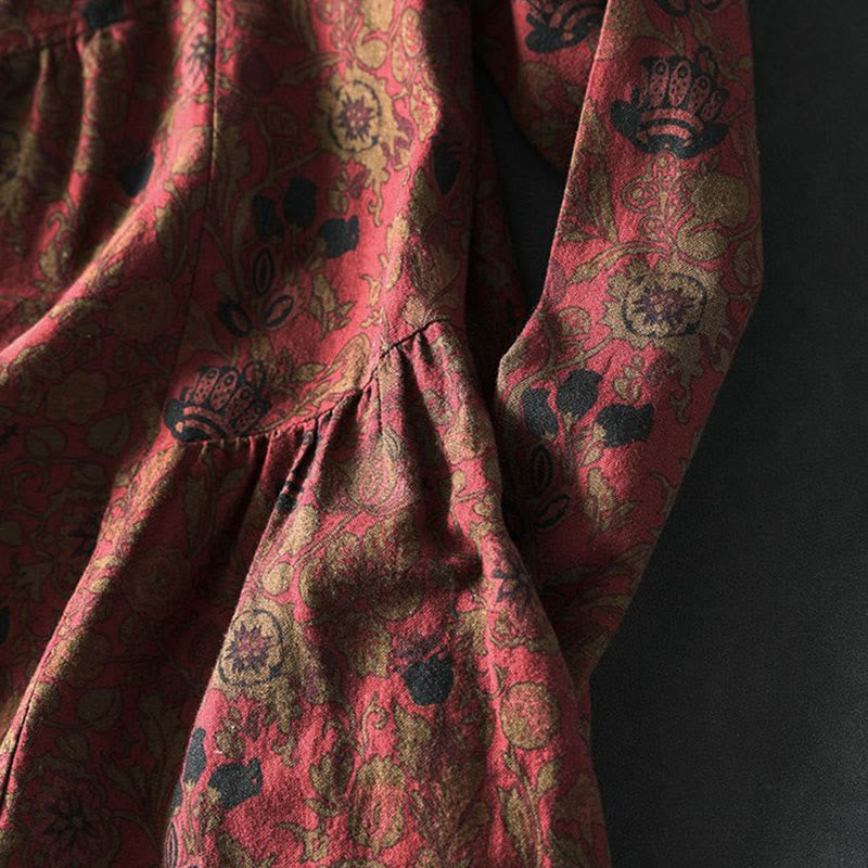 Buddha Stones Robe longue en coton à manches longues et imprimé floral rétro, coupe trapèze - image 7