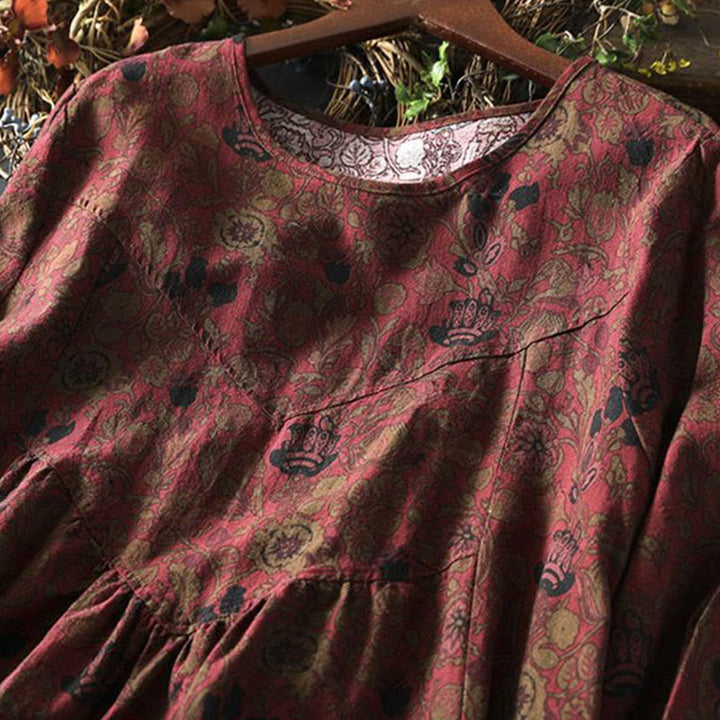 Buddha Stones Robe longue en coton à manches longues et imprimé floral rétro, coupe trapèze - image 6