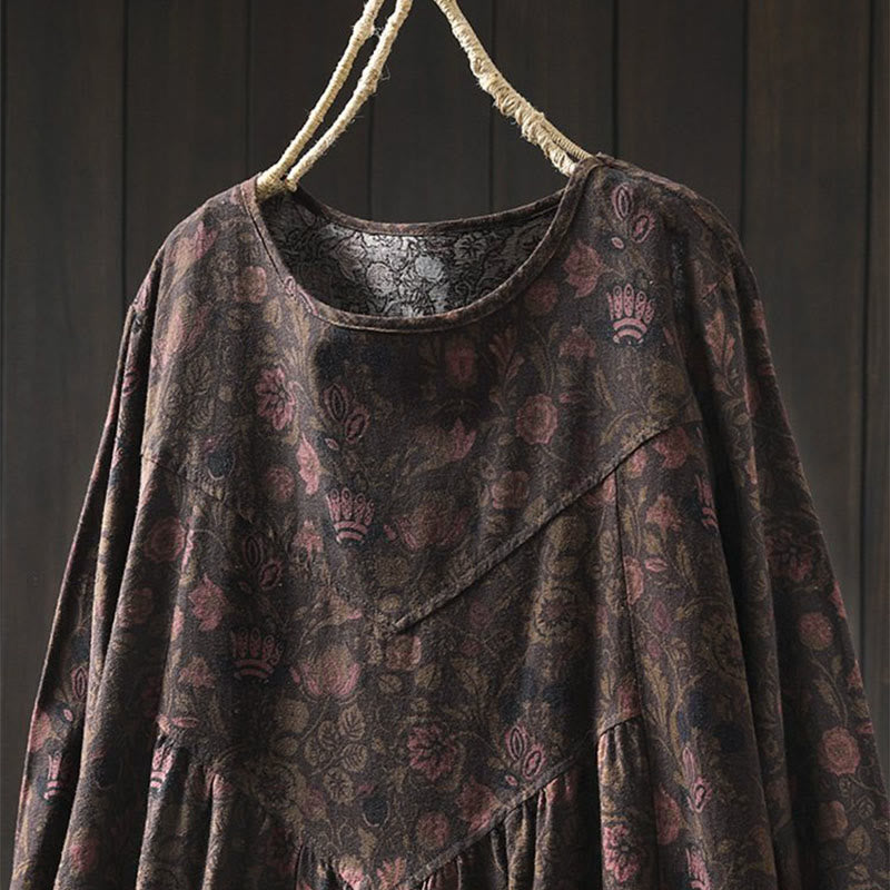 Buddha Stones Robe longue en coton à manches longues et imprimé floral rétro, coupe trapèze - image 14