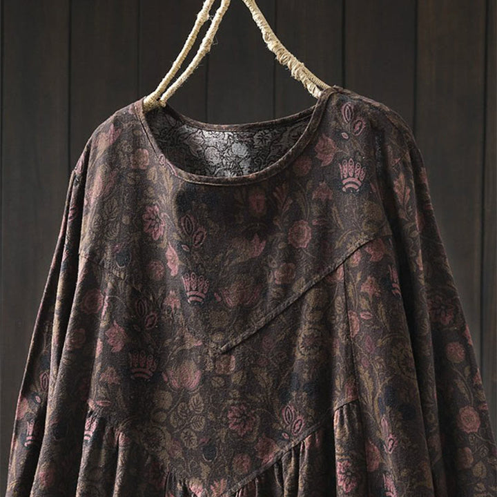 Buddha Stones Robe longue en coton à manches longues et imprimé floral rétro, coupe trapèze - image 14