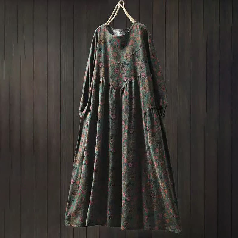 Buddha Stones Robe longue en coton à manches longues et imprimé floral rétro, coupe trapèze - Vert olive foncé - US4-8/10，UK/AU8-12/14，EU36-40/42 (F) - image 0