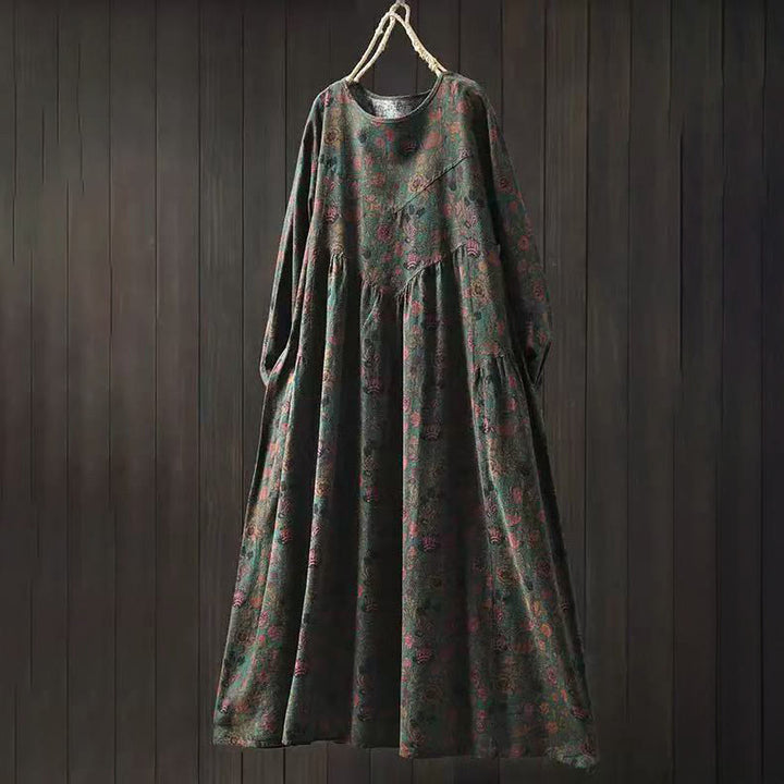 Buddha Stones Robe longue en coton à manches longues et imprimé floral rétro, coupe trapèze - Vert olive foncé - US4-8/10，UK/AU8-12/14，EU36-40/42 (F) - image 0