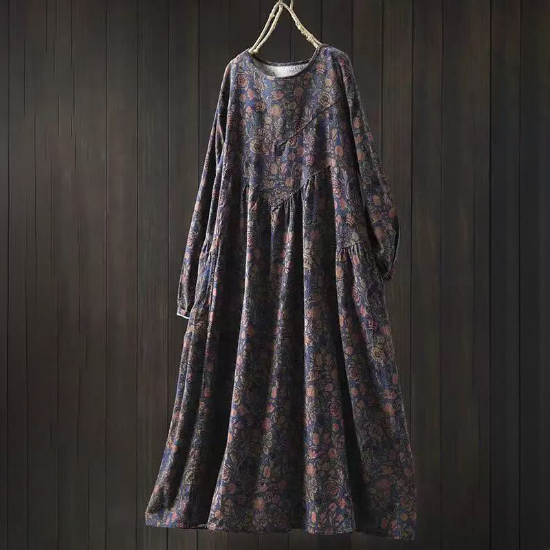Buddha Stones Robe longue en coton à manches longues et imprimé floral rétro, coupe trapèze - Bleu foncé - US4-8/10，UK/AU8-12/14，EU36-40/42 (F) - image 11