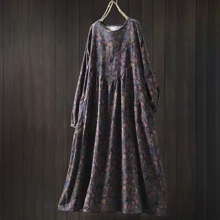 Buddha Stones Robe longue en coton à manches longues et imprimé floral rétro, coupe trapèze - Bleu foncé - US4-8/10，UK/AU8-12/14，EU36-40/42 (F) - image 11