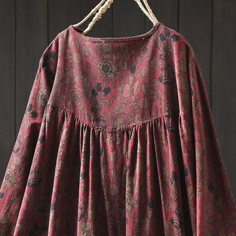 Buddha Stones Robe longue en coton à manches longues et imprimé floral rétro, coupe trapèze - image 5