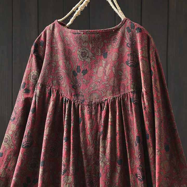 Buddha Stones Robe longue en coton à manches longues et imprimé floral rétro, coupe trapèze - image 5