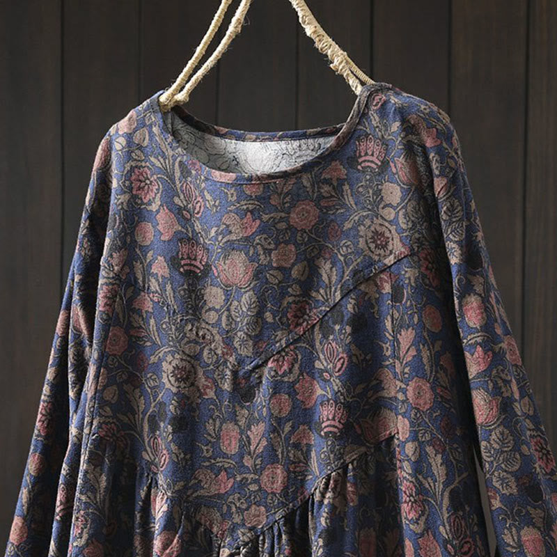 Buddha Stones Robe longue en coton à manches longues et imprimé floral rétro, coupe trapèze - image 12