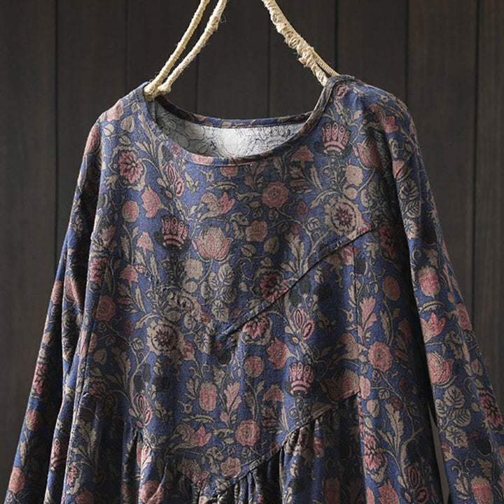 Buddha Stones Robe longue en coton à manches longues et imprimé floral rétro, coupe trapèze - image 12