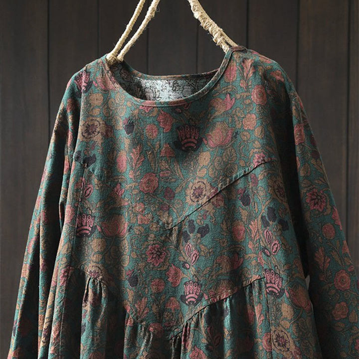Buddha Stones Robe longue en coton à manches longues et imprimé floral rétro, coupe trapèze - image 1