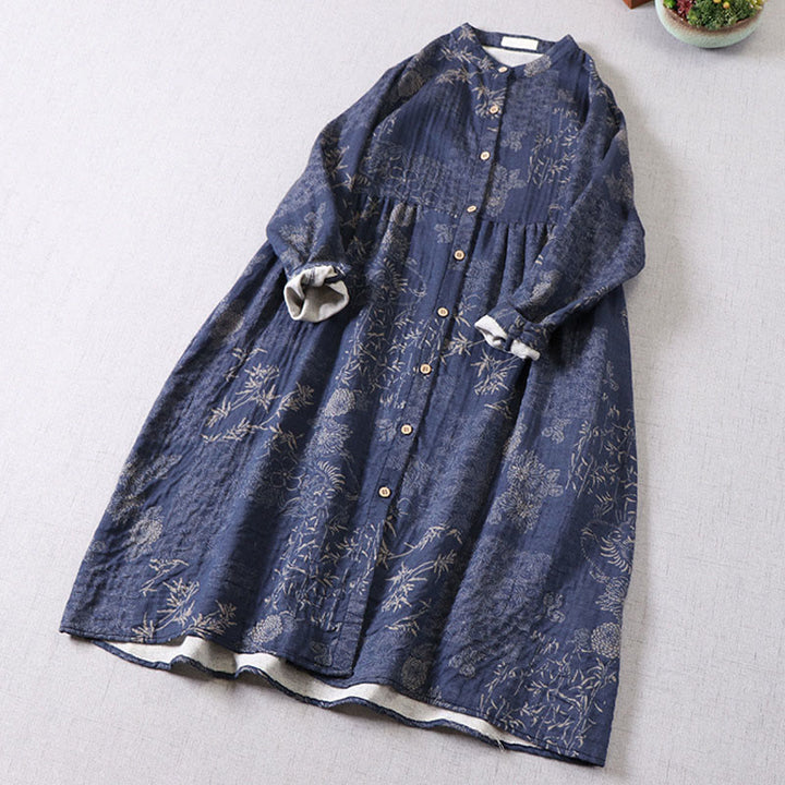 Buddha Stones Robe midi en coton à manches longues et boutons, motif floral bambou, avec poches, pour femme. - image 3