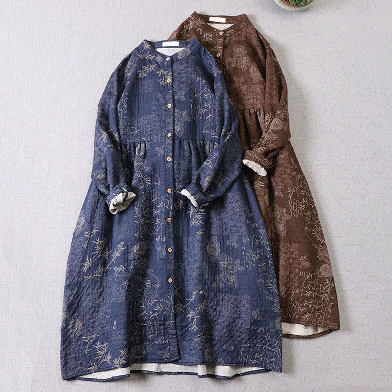 Buddha Stones Robe midi en coton à manches longues et boutons, motif floral bambou, avec poches, pour femme. - image 0