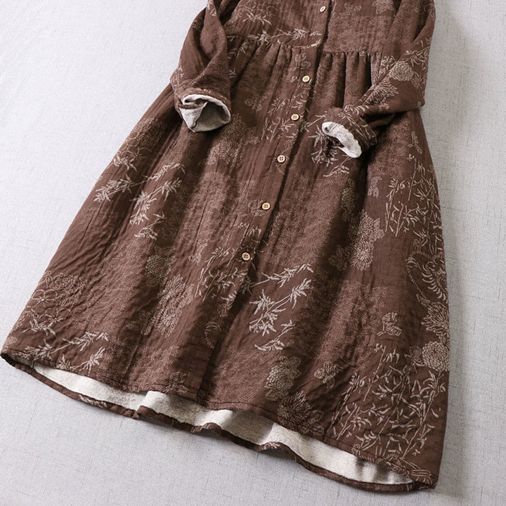 Buddha Stones Robe midi en coton à manches longues et boutons, motif floral bambou, avec poches, pour femme. - image 14