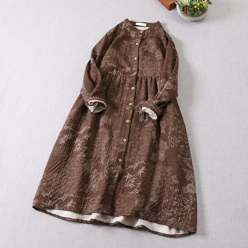 Buddha Stones Robe midi en coton à manches longues et boutons, motif floral bambou, avec poches, pour femme. - image 10