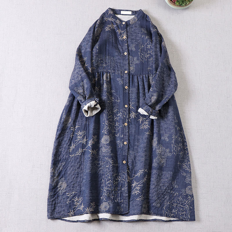 Buddha Stones Robe midi en coton à manches longues et boutons, motif floral bambou, avec poches, pour femme. - image 2