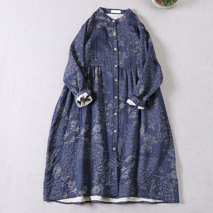 Buddha Stones Robe midi en coton à manches longues et boutons, motif floral bambou, avec poches, pour femme. - image 2