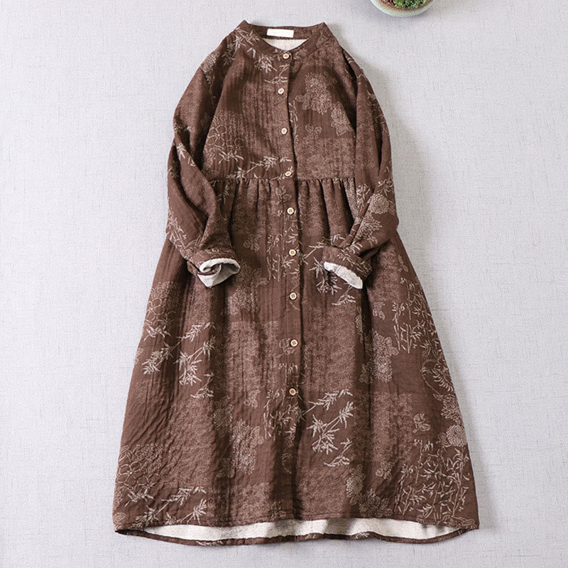 Buddha Stones Robe midi en coton à manches longues et boutons, motif floral bambou, avec poches, pour femme. - SaddleBrown - US4-6，UK/AU8-10，EU36-38 (F) - image 9