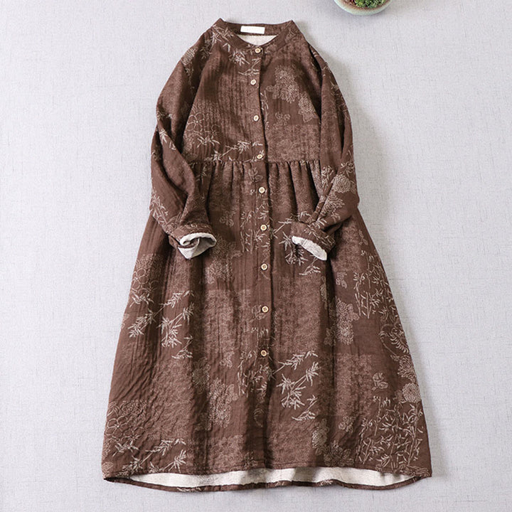 Buddha Stones Robe midi en coton à manches longues et boutons, motif floral bambou, avec poches, pour femme. - SaddleBrown - US4-6，UK/AU8-10，EU36-38 (F) - image 9