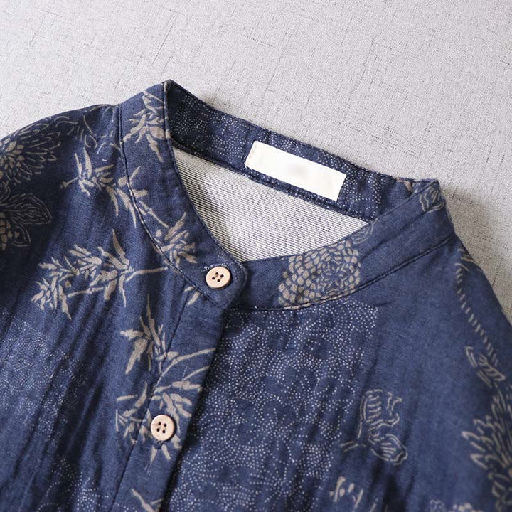 Buddha Stones Robe midi en coton à manches longues et boutons, motif floral bambou, avec poches, pour femme. - image 5