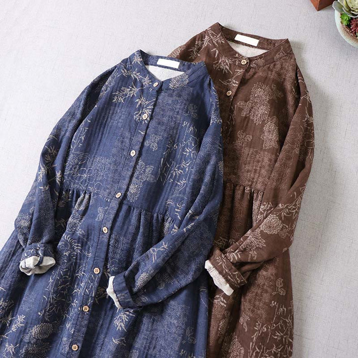 Buddha Stones Robe midi en coton à manches longues et boutons, motif floral bambou, avec poches, pour femme. - image 15
