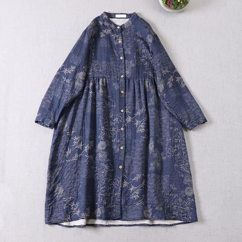 Buddha Stones Robe midi en coton à manches longues et boutons, motif floral bambou, avec poches, pour femme. - Bleu foncé - US4-6，UK/AU8-10，EU36-38 (F) - image 1