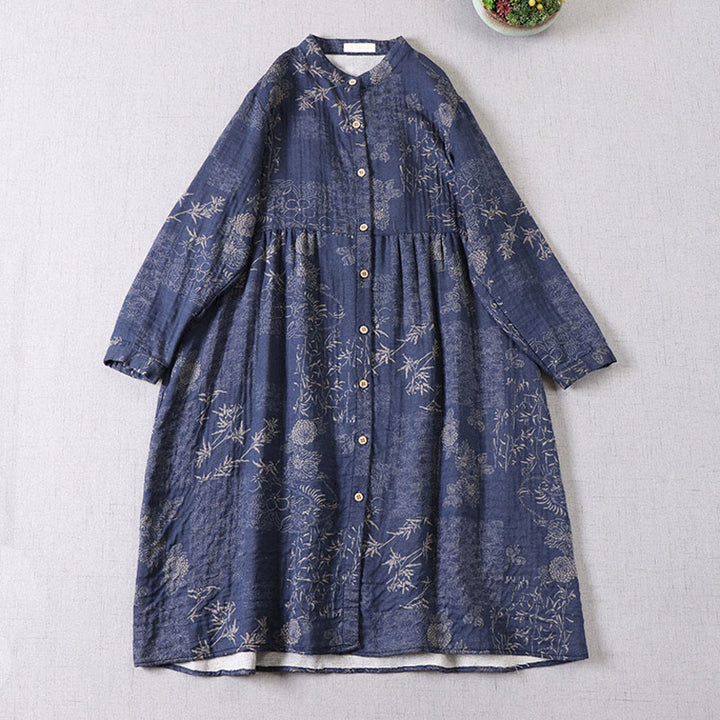 Buddha Stones Robe midi en coton à manches longues et boutons, motif floral bambou, avec poches, pour femme. - Bleu foncé - US4-6，UK/AU8-10，EU36-38 (F) - image 1