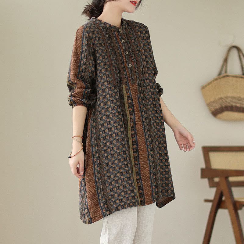 Buddha Stones Chemise à manches longues pour femme, imprimé floral rétro, à plis accordéon et poches - image 1