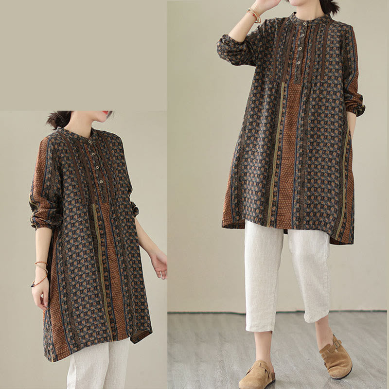 Buddha Stones Chemise à manches longues pour femme, imprimé floral rétro, à plis accordéon et poches - image 7