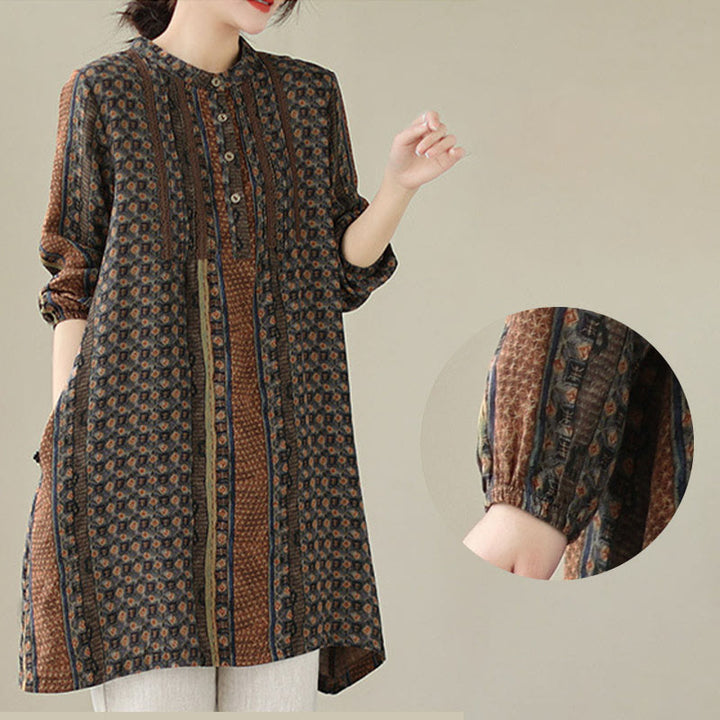 Buddha Stones Chemise à manches longues pour femme, imprimé floral rétro, à plis accordéon et poches - image 5