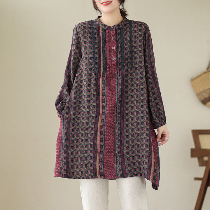 Buddha Stones Chemise à manches longues pour femme, imprimé floral rétro, à plis accordéon et poches - Rouge foncé - US8-10，UK/AU12-14，EU40-42 (2XL) - image 13