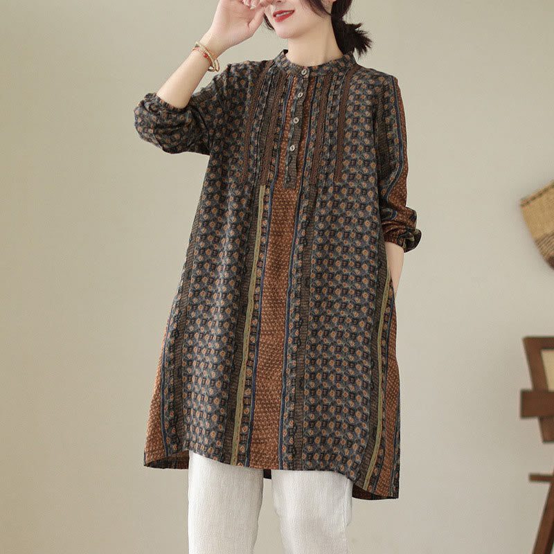 Buddha Stones Chemise à manches longues pour femme, imprimé floral rétro, à plis accordéon et poches - SaddleBrown - US8-10，UK/AU12-14，EU40-42 (2XL) - image 0