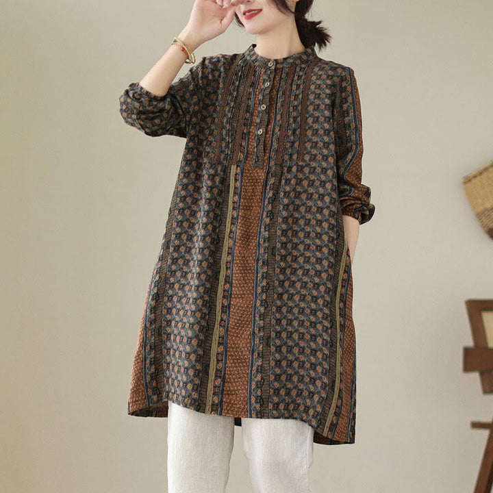 Buddha Stones Chemise à manches longues pour femme, imprimé floral rétro, à plis accordéon et poches - SaddleBrown - US8-10，UK/AU12-14，EU40-42 (2XL) - image 0