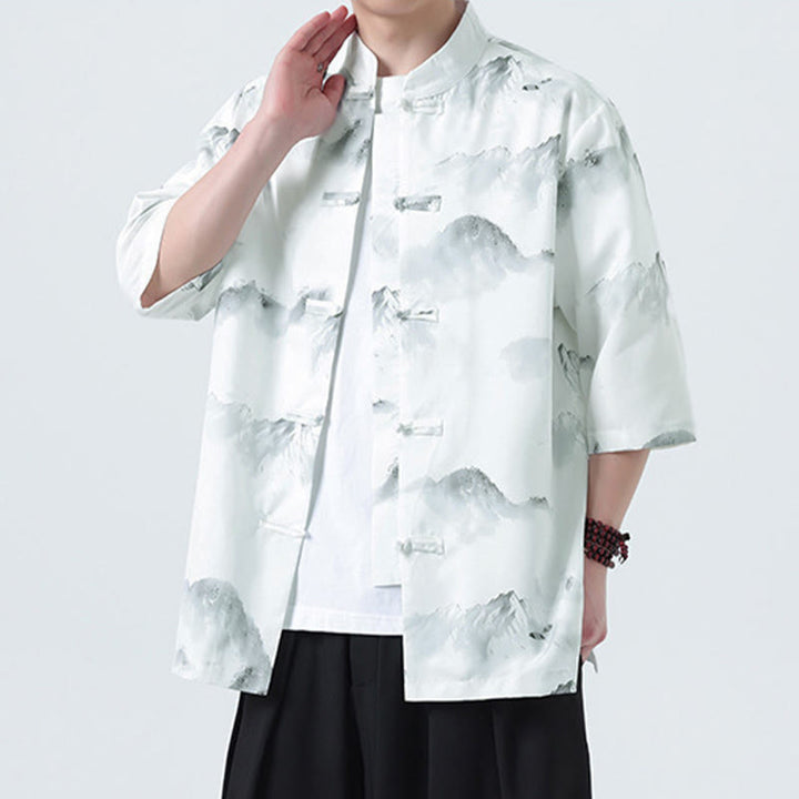 Buddha Stones Chemises à manches courtes pour hommes avec boutons grenouille et motif paysage imprimé à l'encre chinoise - image 15