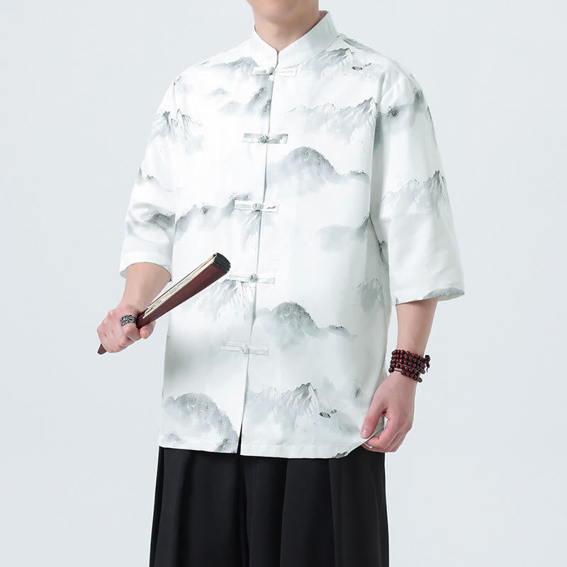 Buddha Stones Chemises à manches courtes pour hommes avec boutons grenouille et motif paysage imprimé à l'encre chinoise - Modèle de montagne - US/UK/AU46，EU56 (5XL) - image 10