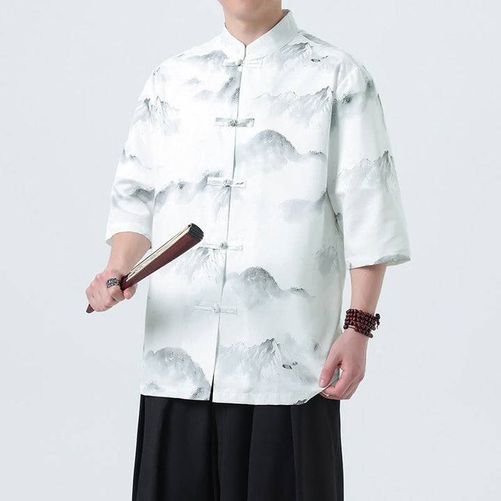 Buddha Stones Chemises à manches courtes pour hommes avec boutons grenouille et motif paysage imprimé à l'encre chinoise - Modèle de montagne - US/UK/AU46，EU56 (5XL) - image 10
