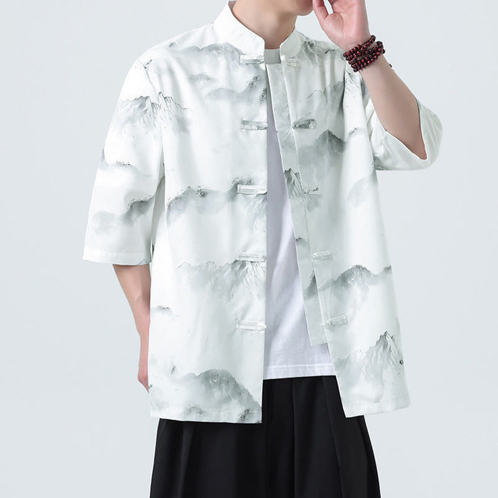 Buddha Stones Chemises à manches courtes pour hommes avec boutons grenouille et motif paysage imprimé à l'encre chinoise - image 17